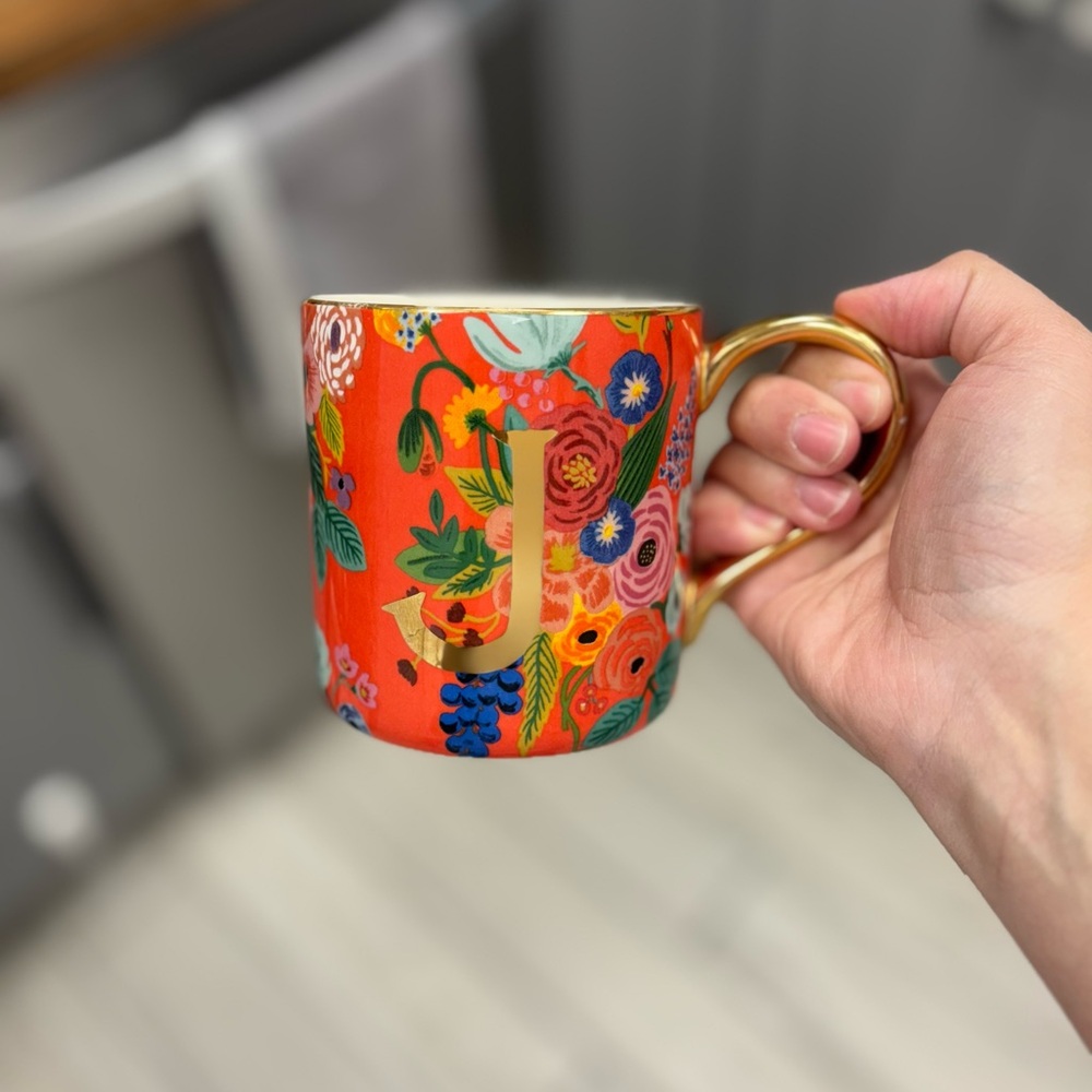 Anthropologie flower Mug with Initial J | Orange flower mug Rifle paper co